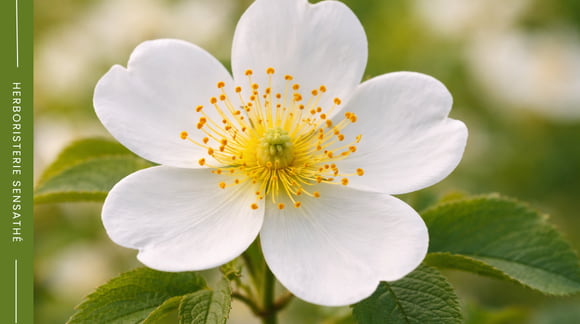 Fleur typique de la famille des Rosacées avec 5 pétales et nombreuses étamines en gros plan botanique - Herboristerie Sensathé